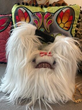 White Joseph Recchia Boogie Woogie Bug Fur Monster Purse with Bow Accent